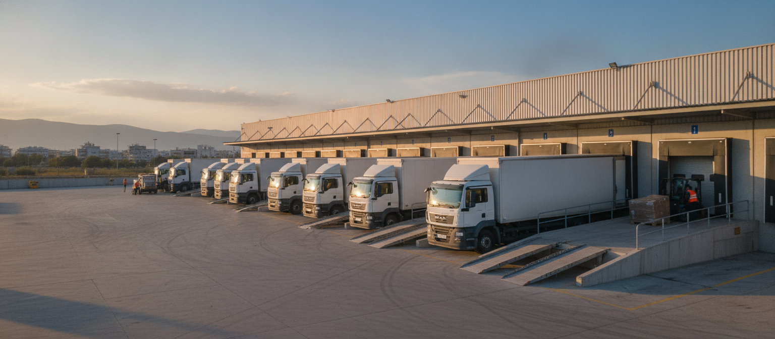 iu4xbX5WjAAAAABJRU5ErkJggg Στόλος φορτηγών σε διαδικασία cross docking logistics
