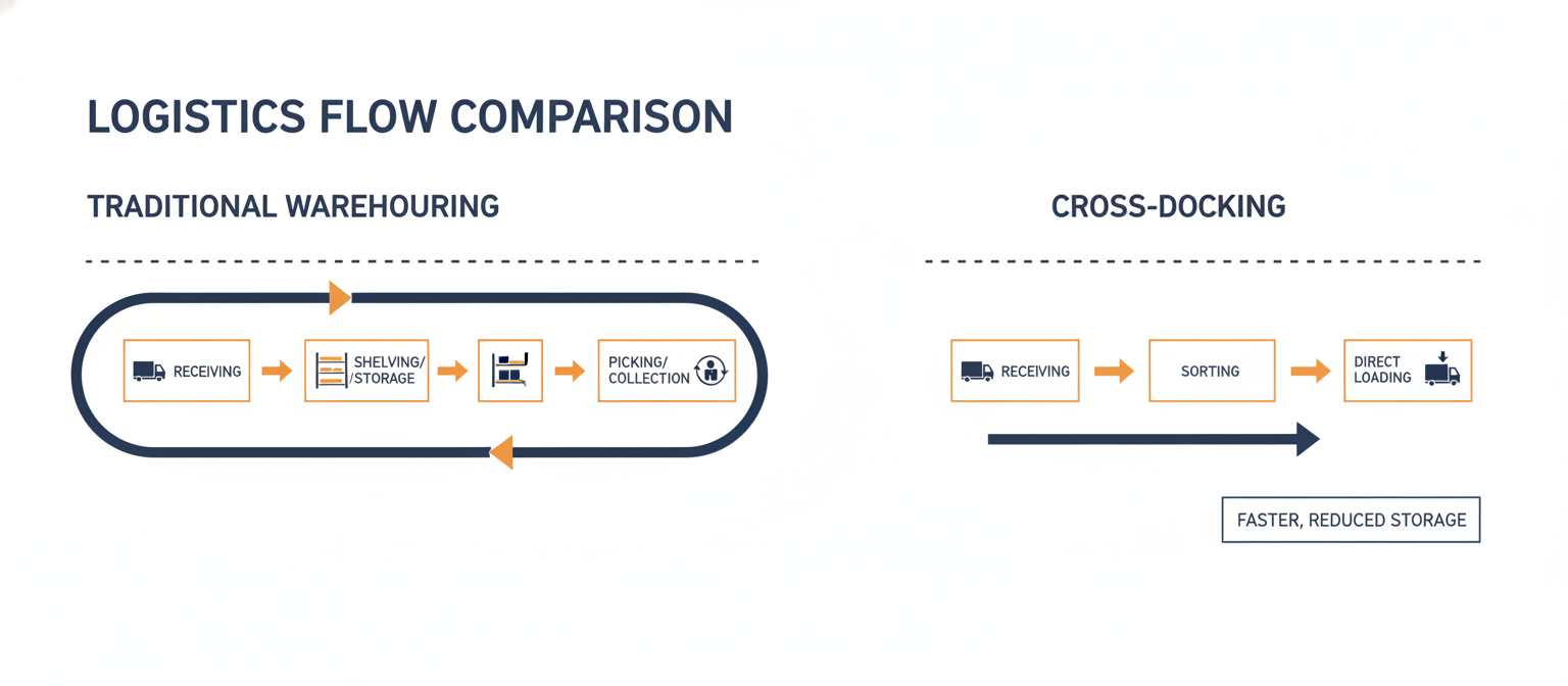 zrnCDEkuOQGQAAAABJRU5ErkJggg Διάγραμμα ροής λειτουργίας cross docking σε σύγκριση με παραδοσιακή αποθήκευση